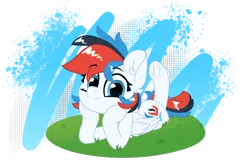 Size: 2700x1750 | Tagged: safe, artist:fakkajohan, derpibooru import, oc, oc:retro city, unofficial characters only, pegasus, pony, cute, female, grass, image, looking at you, lying down, png, simple background, smiling, solo