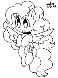 Size: 500x670 | Tagged: safe, artist:cutiesparke, derpibooru import, pinkie pie, pegasus, pony, chest fluff, choker, ear fluff, female, flying, g4, happy, image, monochrome, open mouth, pegasus pinkie pie, png, race swap, raised hoof, raised hooves, signature, simple background, solo, spread wings, white background, wings