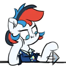 Size: 679x731 | Tagged: safe, artist:fakkajohan, derpibooru import, oc, oc:retro city, unofficial characters only, pegasus, pony, bored, clothes, female, holding head, image, png, simple background, sitting, solo, uniform, white background, wonderbolts dress uniform, wonderbolts uniform