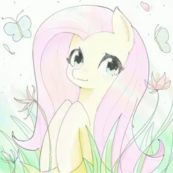 Size: 3000x3000 | Tagged: safe, artist:37240622, derpibooru import, fluttershy, butterfly, insect, pegasus, pony, cute, female, flower, grass, image, jpeg, mare, pink mane, shyabetes, smiling, solo, yellow coat