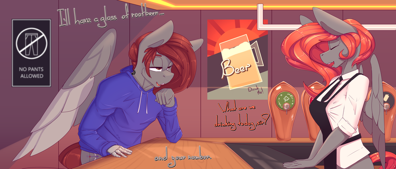 Size: 7000x3000 | Tagged: safe, artist:chapaevv, derpibooru import, oc, oc:arucordu, oc:noelle, anthro, comic:stay after closing, bar, clothes, commission, duo, eyes closed, female, image, male, png, red hair, text