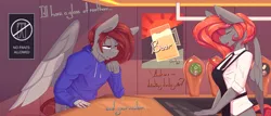 Size: 7000x3000 | Tagged: safe, artist:chapaevv, derpibooru import, oc, oc:arucordu, oc:noelle, anthro, comic:stay after closing, bar, clothes, commission, duo, eyes closed, female, image, male, png, red hair, text