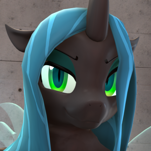 Size: 933x933 | Tagged: safe, artist:gamerguy44, edit, queen chrysalis, anthro, changeling, changeling queen, plantigrade anthro, 3d, bedroom eyes, bust, eyebrows, female, horn, image, png, portrait, smiling at you, solo, source filmmaker