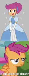 Size: 500x1279 | Tagged: safe, artist:rarity525, derpibooru import, scootaloo, caption, cinderella, clothes, dress, g4, gown, image, image macro, imgflip, jpeg, reaction to own portrayal, scootaloo is not amused, text, unamused