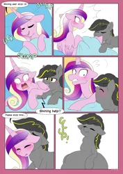 Size: 2894x4093 | Tagged: suggestive, artist:shoelace, derpibooru import, princess cadance, oc, oc:bug-zapper, alicorn, earth pony, pony, belly, big belly, blushing, comic, eaten alive, eyes closed, female, image, mare, oral vore, png, vore