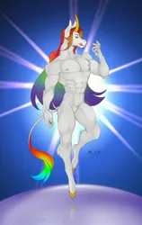 Size: 2200x3480 | Tagged: suggestive, artist:eqamrd, derpibooru import, oc, oc:kadaus, unofficial characters only, anthro, classical unicorn, pony, unicorn, abs, anthro oc, beard, bipedal, cloven hooves, curved horn, facial hair, featureless crotch, high res, horn, image, jpeg, leonine tail, licking, long tail, looking at you, male, male nipples, multicolored hair, muscles, muscular male, nipples, nudity, pecs, rainbow hair, simple background, smiling, smiling at you, solo, solo male, stallion, standing, tail, tongue out, unicorn oc, unshorn fetlocks