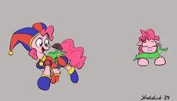 Size: 1755x1006 | Tagged: safe, artist:strebiskunk, derpibooru import, gummy, pinkie pie, alligator, earth pony, pony, cowboy hat, duo, duo male and female, female, gray background, gummigoo, gummy riding pinkie pie, hat, image, jpeg, male, mare, open mouth, open smile, pomni, signature, simple background, smiling, the amazing digital circus