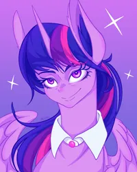 Size: 2160x2700 | Tagged: safe, artist:verskon, derpibooru import, twilight sparkle, twilight sparkle (alicorn), alicorn, pony, bust, female, g4, gradient background, high res, image, mare, png, smiling, solo, sparkles