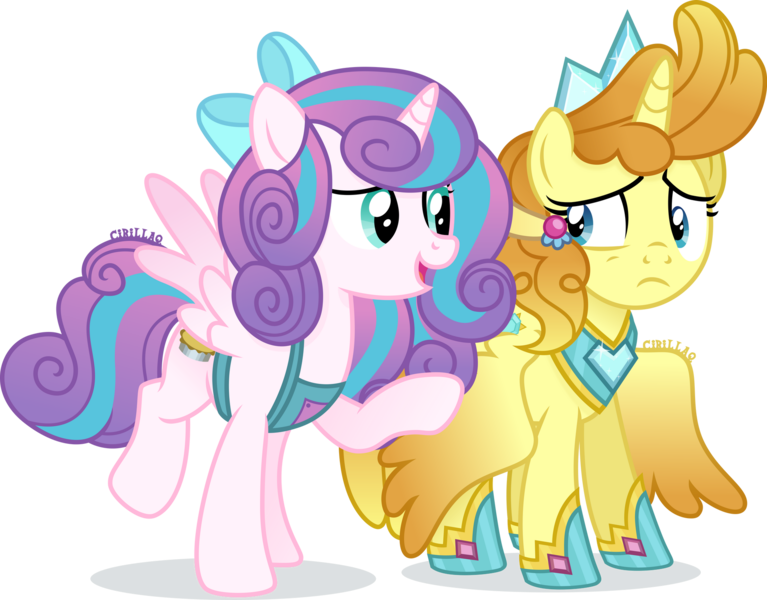 Size: 1920x1502 | Tagged: safe, artist:cirillaq, derpibooru import, princess flurry heart, pumpkin cake, alicorn, pony, alicornified, apron, clothes, crystal crown (object), cutie mark swap, duo, female, hoof shoes, image, jewelry, looking at each other, looking at someone, mare, older, peytral, png, princess shoes, pumpkincorn, race swap, regalia, simple background, transparent background, wings, wings down