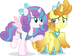 Size: 1920x1502 | Tagged: safe, artist:cirillaq, derpibooru import, princess flurry heart, pumpkin cake, alicorn, pony, alicornified, apron, clothes, crystal crown (object), cutie mark swap, duo, female, hoof shoes, image, jewelry, looking at each other, looking at someone, mare, older, peytral, png, princess shoes, pumpkincorn, race swap, regalia, simple background, transparent background, wings, wings down