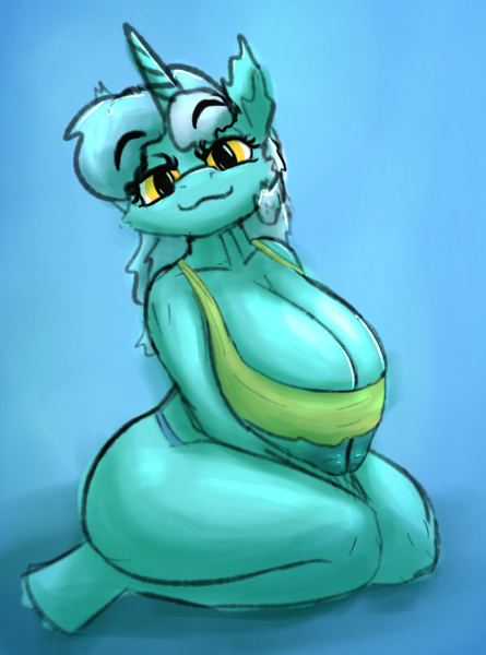Size: 500x674 | Tagged: questionable, artist:ismyaltaccount, derpibooru import, lyra heartstrings, anthro, unguligrade anthro, big breasts, breast overpour, breasts, busty lyra heartstrings, cheek fluff, exposed breasts, female, horn, huge breasts, image, kneeling, looking at you, nipples, nudity, partial nudity, png, seductive, sitting, skindentation, smiling, smiling at you, solo, solo female, thighs, thunder thighs