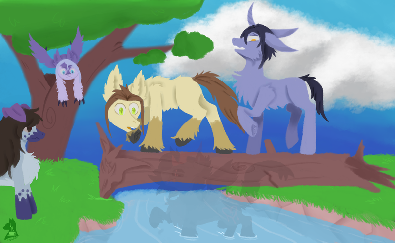 Size: 2600x1600 | Tagged: safe, artist:spectrum205, derpibooru import, oc, oc:celes, oc:locke cole, oc:nyada, unofficial characters only, demon, demon pony, earth pony, harpy, monster pony, original species, pegasus, pony, foal, image, png