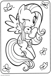 Size: 1280x1892 | Tagged: safe, derpibooru import, official, angel bunny, fluttershy, butterfly, insect, pegasus, pony, rabbit, angelbetes, animal, black and white, coloring book, coloring page, cute, duo, duo male and female, female, flying, g4, grayscale, image, looking at each other, looking at someone, male, mare, monochrome, one eye closed, png, shyabetes, simple background, smiling, smiling at each other, spread wings, white background, wings