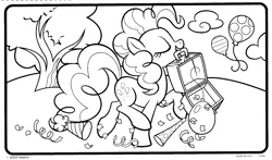 Size: 1892x1115 | Tagged: safe, derpibooru import, official, pinkie pie, earth pony, pony, balloon, black and white, coloring book, coloring page, confetti, eyes closed, female, grayscale, hat, image, mare, monochrome, mouth hold, outdoors, party hat, png, solo, streamers, tree, walking