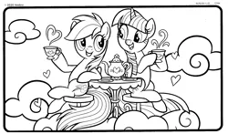 Size: 1903x1117 | Tagged: safe, derpibooru import, official, rainbow dash, twilight sparkle, alicorn, pegasus, pony, cloud, coloring book, coloring page, cup, duo, duo female, female, folded wings, grin, heart, hoof hold, image, leaning back, looking at each other, looking at someone, mare, open mouth, open smile, plate, png, sitting, smiling, steam, stool, table, tablecloth, tea party, teacup, teapot, wings