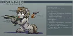 Size: 4268x2139 | Tagged: safe, artist:buckweiser, derpibooru import, oc, oc:bush ranger, unofficial characters only, pony, taiga pony, unicorn, :p, broken horn, burn marks, chest fluff, claw mar, cute, derp, ear fluff, fluffy, gun, handgun, horn, image, magic, magic aura, male, mercy, mlem, mortar, overwatch, piat, png, reference sheet, revolver, rocket launcher, scar, silly, simple background, smiling, solo, stallion, standing, standing on two hooves, telekinesis, tongue out, weapon, webley