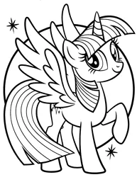 Size: 1673x2166 | Tagged: safe, derpibooru import, official, twilight sparkle, twilight sparkle (alicorn), alicorn, pony, black and white, circle background, coloring book, coloring page, female, grayscale, image, looking at you, mare, monochrome, png, raised hoof, smiling, smiling at you, solo, sparkles, spread wings, wings