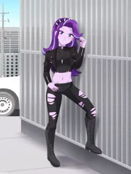 Size: 900x1200 | Tagged: suggestive, artist:riouku, derpibooru import, starlight glimmer, human, equestria girls, 2d, ankle boots, bedroom eyes, belly button, breasts, building, city, clothes, day, eyeshadow, female, fingernails, g4, hand on hip, image, jacket, leather, leather jacket, long sleeves, looking at you, makeup, midriff, nail polish, nails, outdoors, pants, png, short shirt, sidewalk, solo, spiked headband, vehicle