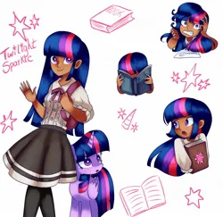 Size: 1798x1748 | Tagged: safe, artist:andromedasparkz, derpibooru import, twilight sparkle, twilight sparkle (alicorn), alicorn, human, pony, backpack, book, bowtie, clothes, female, gritted teeth, humanized, image, jpeg, mare, open mouth, reading, shirt, simple background, skirt, socks, solo, stockings, teeth, thigh highs, vest, white background