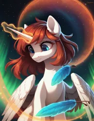 Size: 1792x2304 | Tagged: safe, ai content, derpibooru import, machine learning generated, prompter:ramprover, stable diffusion, oc, oc:fausticorn, unofficial characters only, alicorn, pony, aurora borealis, feather, female, generator:pony diffusion v6 xl, horn, image, jpeg, looking down, magic, mare, night, slender, solo, stars, telekinesis, thin, wings