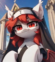 Size: 2048x2304 | Tagged: safe, ai content, derpibooru import, machine learning generated, prompter:ramprover, stable diffusion, oc, oc:ldred, unofficial characters only, bat pony, pony, church, clothes, cute, ear fluff, ear tufts, fangs, female, generator:pony diffusion v6 xl, image, jpeg, lidded eyes, long eyelashes, looking at you, mare, nun, smiling, smiling at you, wings