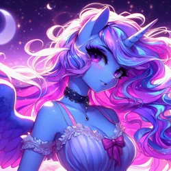 Size: 1024x1024 | Tagged: safe, ai content, derpibooru import, machine learning generated, oc, unofficial characters only, alicorn, anthro, adorasexy, alicorn oc, beautiful, big breasts, bow, breasts, busty oc, choker, collar, cute, female, frilly, horn, image, jpeg, night, prompter:horselover fat, sexy, solo, wings
