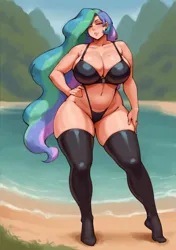 Size: 1440x2048 | Tagged: suggestive, ai content, derpibooru import, machine learning generated, stable diffusion, princess celestia, human, beach, big breasts, bra, breasts, clothes, curvy, derpibooru exclusive, feet, female, g4, generator:pony diffusion v6 xl, hourglass figure, humanized, image, latex, latex stockings, milf, panties, png, prompter:inky heart, socks, solo, solo female, stockings, thigh highs, underwear, wide hips