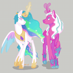 Size: 720x720 | Tagged: safe, artist:bekahlf, derpibooru import, princess celestia, alicorn, pony, g5, 2023, animated, bracer, colored wings, commission, curved horn, duo, duo female, female, folded wings, g4, generational ponidox, gif, glow, glowing horn, gray background, hoof shoes, horn, image, jewelry, looking at each other, looking at someone, magic, magic aura, mare, multicolored wings, one wing out, opaline arcana, peytral, princess shoes, raised hoof, regalia, signature, simple background, smiling, smirk, tail, tiara, wings