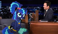 Size: 2048x1213 | Tagged: safe, alternate version, derpibooru import, edit, alicorn, human, pony, 80s princess luna, duo, duo male and female, female, image, irl, irl human, jimmy fallon, jpeg, male, mare, photo, ponytail, scrunchie, sitting, talk show