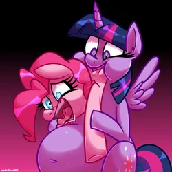 Size: 4000x4000 | Tagged: suggestive, artist:metalface069, derpibooru import, pinkie pie, twilight sparkle, twilight sparkle (alicorn), alicorn, earth pony, pony, belly, belly blush, big belly, bipedal, commission, dialogue, duo, duo female, fat, female, g4, gradient background, image, pinkie prey, png, twipred, vore