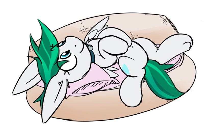 Size: 1312x864 | Tagged: source needed, suggestive, artist:ponballoon, oc, oc:zephyr, unofficial characters only, pony, fanfic:zephyr, collar, featureless crotch, female, image, long ears, mare, pet bed, pillow, png, pony pet, signature, spread legs, spreading, underhoof
