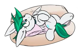 Size: 1312x864 | Tagged: source needed, suggestive, artist:ponballoon, oc, oc:zephyr, unofficial characters only, pony, fanfic:zephyr, collar, featureless crotch, female, image, long ears, mare, pet bed, pillow, png, pony pet, signature, spread legs, spreading, underhoof