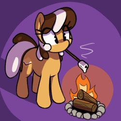 Size: 560x560 | Tagged: safe, artist:thebatfang, ponerpics import, oc, oc:s'mare, ponified, earth pony, food pony, original species, pony, animated, campfire, female, food, gif, image, mare, marshmallow, mouth hold, simple background, solo