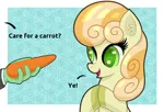 Size: 2200x1500 | Tagged: safe, artist:scandianon, derpibooru import, junebug, oc, oc:anon, human, pony, carrot, dialogue, duo, female, food, hooves together, human male, image, jpeg, male, mare, open mouth, open smile, smiling