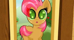 Size: 2200x1200 | Tagged: safe, artist:scandianon, derpibooru import, babs seed, earth pony, pony, one bad apple, apple, apple tree, clubhouse, crusaders clubhouse, female, filly, foal, food, g4, image, jpeg, looking at you, redraw, scene interpretation, solo, tree