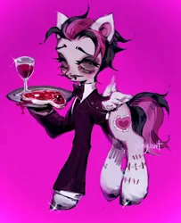 Size: 1660x2048 | Tagged: safe, artist:p0nyplanet, derpibooru import, oc, oc:oopsie doodle, unofficial characters only, pegasus, pony, alcohol, blood, facial hair, food, glass, image, jpeg, meat, moustache, pink background, simple background, solo, stitches, waiter, wine, wine glass