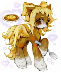 Size: 1702x2048 | Tagged: safe, artist:p0nyplanet, derpibooru import, oc, unofficial characters only, pegasus, pony, abstract background, bow, curry, feathered fetlocks, female, food, fork, hair bow, image, jpeg, mare, omurice, solo, unshorn fetlocks