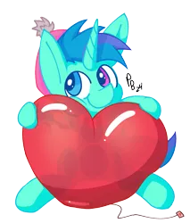 Size: 1571x1842 | Tagged: safe, artist:ponballoon, derpibooru import, oc, oc:sleepy whistles, unofficial characters only, pony, unicorn, balloon, cute, happy, heart, heart balloon, heterochromia, horn, hug, image, looking at you, male, png, shiny, simple background, solo, squeezing, transparent background