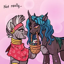 Size: 2166x2166 | Tagged: safe, artist:overlordneon, derpibooru import, zecora, oc, oc:chriki, changeling, pony, zebra, abstract background, adopted offspring, basket, changeling oc, duo, duo female, female, headband, high res, image, jpeg, mare, mother and child, mother and daughter, mother's day, mouth hold, offspring, open mouth, open smile, parent:queen chrysalis, parent:zecora, smiling