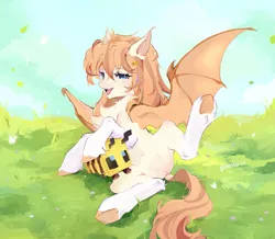 Size: 2293x2000 | Tagged: suggestive, anonymous editor, artist:spoosha, derpibooru import, edit, oc, oc:honey milk, bat pony, bee, insect, pony, image, minecraft, minecraft bee, png, spread legs, spreading