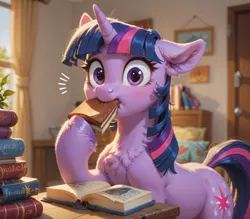 Size: 1024x896 | Tagged: safe, ai content, anonymous prompter, derpibooru import, machine learning generated, stable diffusion, twilight sparkle, bibliovore, book, eating, g4, generator:pony diffusion v6 xl, image, indoors, png, shitposting