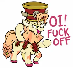 Size: 1578x1466 | Tagged: safe, artist:jargon scott, derpibooru import, oc, unofficial characters only, pony, taur, furrowed brow, hat, horned hat, image, jpeg, open mouth, ponytaur, simple background, solo, unshorn fetlocks, vulgar, white background