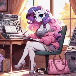 Size: 1024x1024 | Tagged: safe, ai content, derpibooru import, machine learning generated, rarity, anthro, unicorn, adorasexy, autumn, bag, big breasts, breasts, busty rarity, chair, cleavage, clothes, composing, crossed legs, cute, female, frown, g4, handbag, horn, image, jacket, jpeg, keyboard, looking at you, monitor, musical instrument, no tail, office chair, pen, prompter:horselover fat, purse, sexy, sitting, solo, synthesizer, table, window, writing