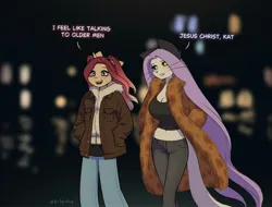 Size: 2048x1556 | Tagged: safe, artist:katputze, derpibooru import, oc, oc:crimson sunset, oc:icy (katputze), anthro, cat, pony, unicorn, belly button, big breasts, blush lines, blushing, breasts, city, cleavage, clothes, coat, dialogue, drunk, duo, duo female, female, furry, furry oc, hand in pocket, horn, huge breasts, image, jacket, jpeg, mare, midriff, night, non-mlp oc