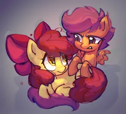 Size: 726x659 | Tagged: safe, artist:krabling, derpibooru import, apple bloom, scootaloo, earth pony, pegasus, pony, abstract background, apple bloom's bow, bangs, big ears, big eyes, bow, colored, duo, duo female, eyelashes, female, filly, foal, frown, g4, gradient background, hair bow, image, long mane, long tail, looking at each other, looking at someone, lying down, mane accessory, narrowed eyes, orange coat, orange eyes, pink bow, png, prone, purple coat, purple mane, red mane, red tail, shadow, short mane, small wings, sparkly eyes, spread wings, tail, wingding eyes, wings, yellow coat