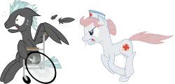Size: 7885x3798 | Tagged: safe, artist:justablankflank, derpibooru import, nurse redheart, thunderlane, earth pony, pegasus, pony, absurd resolution, duo, duo male and female, feather, female, gritted teeth, hat, image, male, mare, mouth hold, nervous, newbie artist training grounds, png, running, simple background, stallion, sweat, syringe, teeth, transparent background, wheelchair