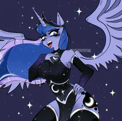 Size: 3142x3124 | Tagged: safe, artist:ottabysystem, derpibooru import, princess luna, alicorn, anthro, breasts, busty princess luna, hand on chest, high res, image, open mouth, png, spread wings, wings