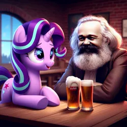 Size: 1024x1024 | Tagged: safe, ai content, derpibooru import, generator:copilot, machine learning generated, starlight glimmer, human, pony, unicorn, alcohol, bar, beer, coca-cola, drink, female, g4, generator:dall-e 3, horn, image, indoors, jpeg, karl marx, looking at each other, looking at someone, mare, sitting, wrong cutie mark