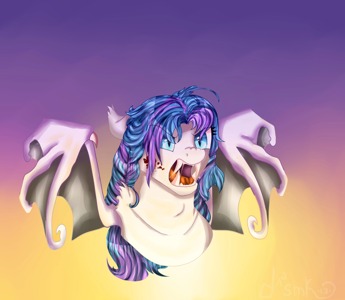 Size: 2322x2018 | Tagged: safe, artist:deadsmoke, derpibooru import, oc, oc:agness, unofficial characters only, bat pony, angry, blood, commission, fangs, gradient background, hissing, image, png, simple background, solo, spread wings, sunset, tongue out, wings, ych result