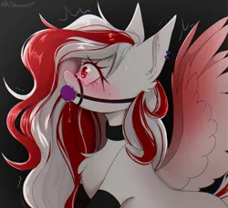 Size: 2585x2364 | Tagged: suggestive, artist:shinech9, derpibooru import, oc, oc:skyshard melody, unofficial characters only, pegasus, pony, ballgag, bdsm, bent over, black background, blushing, bondage, chest fluff, clothes, collar, crying, drool, ear piercing, earring, eyes open, gag, heart, heart eyes, image, jewelry, piercing, png, side view, simple background, socks, solo, spread wings, stockings, submissive, sweat, tears of pleasure, thigh highs, trembling, twitching, wingding eyes, wings
